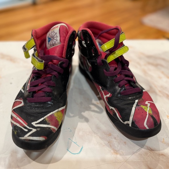 Reebok Shoes - Reebok Black and Pink High-Tops with Yellow Accents